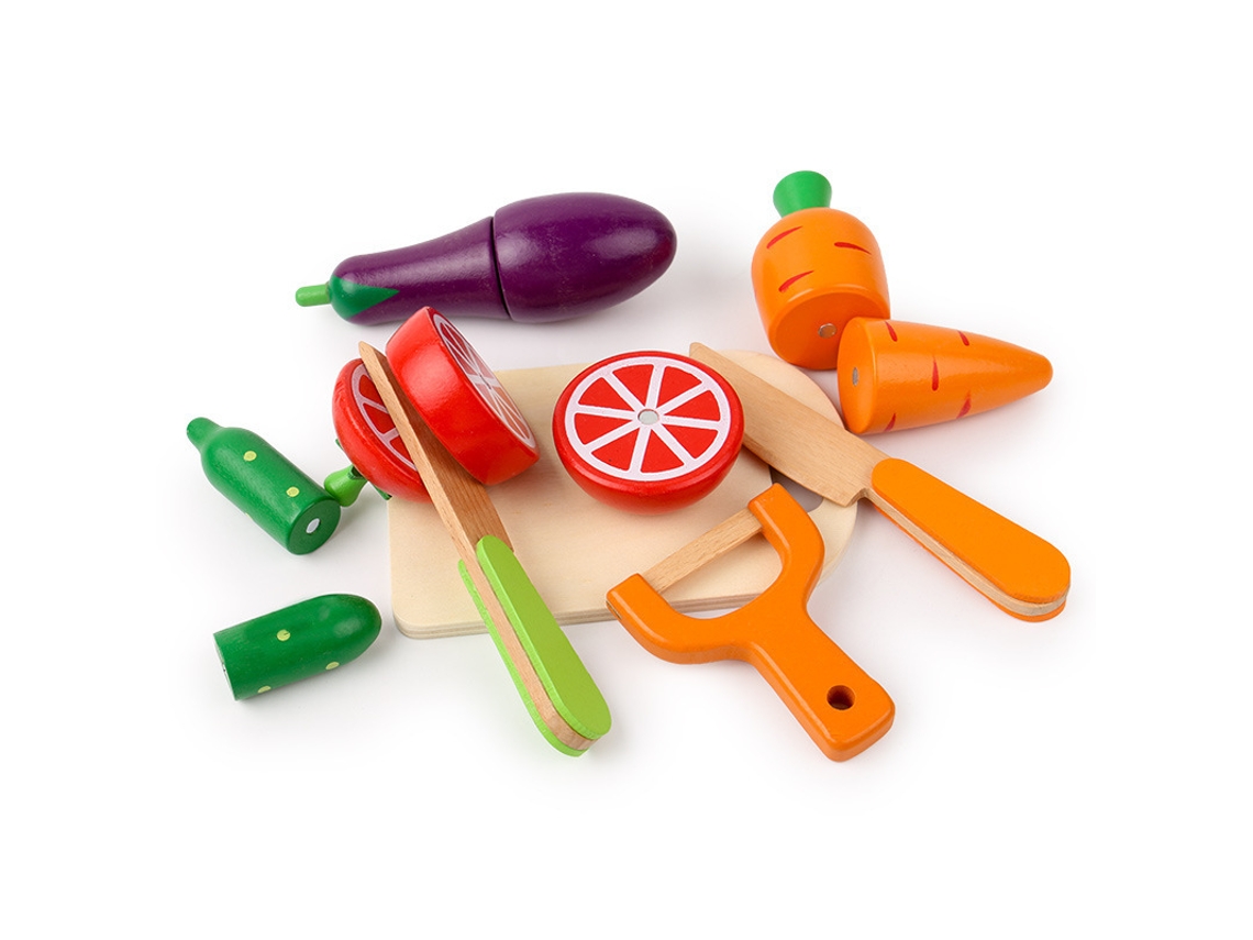 Juego de cortar frutas y verduras de madera, un juguete para jugar a simular algo en la cocina.
