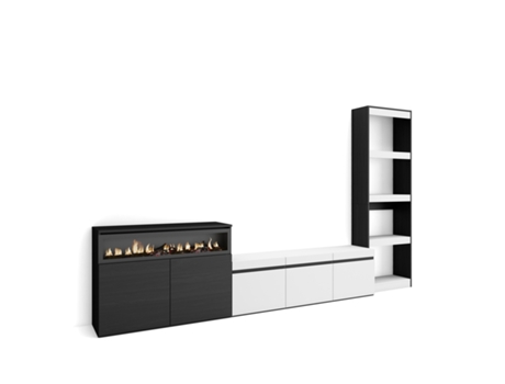 Muebles de Salón para TV 310x186x35cm Para TV hasta 65 Chimenea eléctrica Blanco y negro