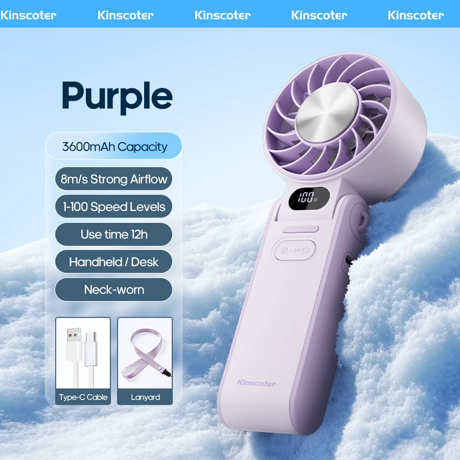 (roxo) Ventilador Portátil De Alta Velocidade, Com Bateria Recarregável De 3600mah, Mini E Dobrável.