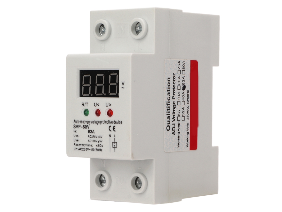 Dispositivo de protección de tensión de recuperación automática monofásica con pantalla LED digital para sobretensión y subtensión.