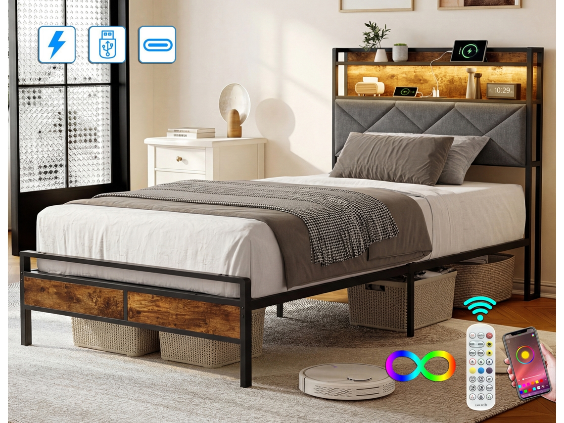 Cama Individual De 90x200 Cm, Con Luz Led Y Usb, Control Por App, Tapizada En Tela De Lino Gris.