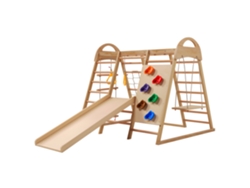 Estructura De Escalada 7 En 1: Columpio De Madera, Escalera, Tobogán, Red, Anillas Y Tienda De Campaña.