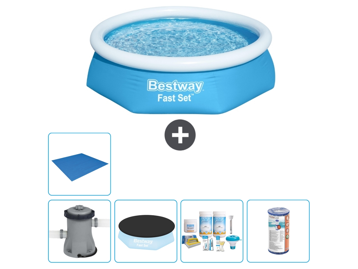 Piscina hinchable redonda Fast Set BESTWAY - 244 x 61 cm - Azul - Bomba incluida Cubrir - Paquete de mantenimiento - Filtrar - Suelo