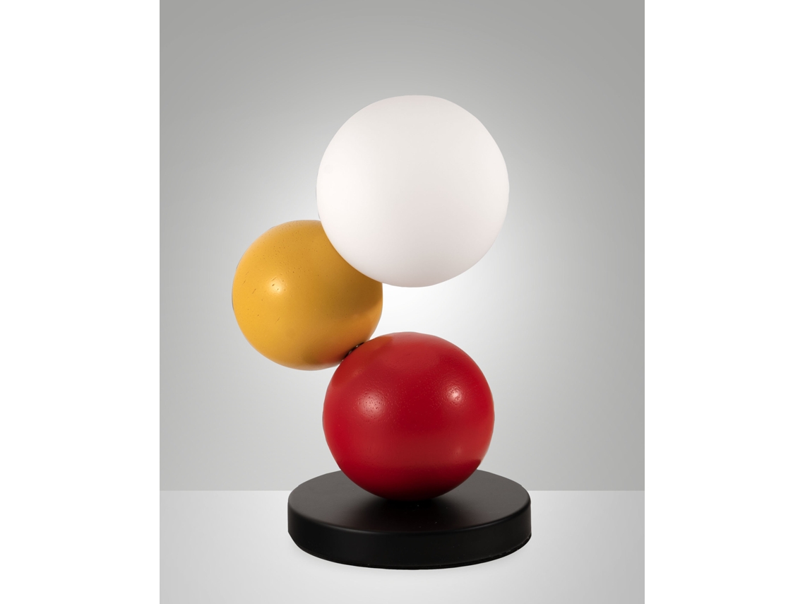 Lámpara de mesa Micky de 23 cm en metal, madera y vidrio soplado, color amarillo/rojo/negro, ajuste de luz táctil, fuente de alimentación G9 de 20 W incluida - Micky