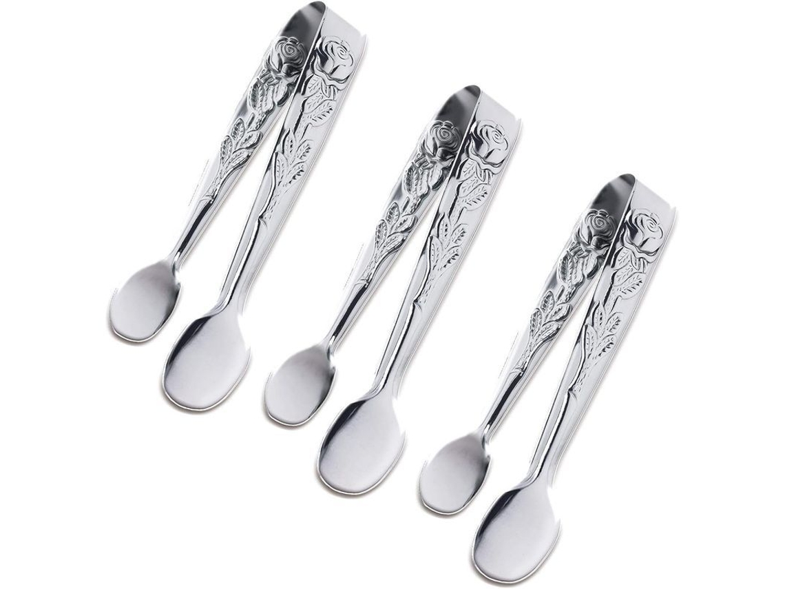 2026da-pinzas Mini Para Servir Linjou 3 Piezas Acero Inoxidable 10.5cm Diseño De Rosa Para Azúcar Hielo Dulces Aperitivos