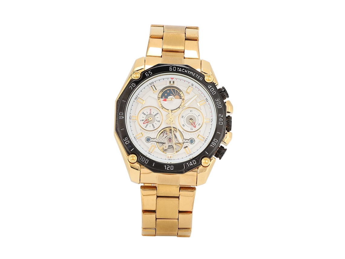 Reloj Mecánico Automático Multifuncional Para Hombre Con Esfera Blanca Y Brazalete Dorado.