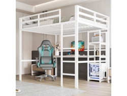 Cama Alta, 140 X 200cm, Estructura De Hierro, Varios Estantes, Escritorio Con Enchufe, Barandilla, Escalera De Tijera, Sin Colchón, Blanco