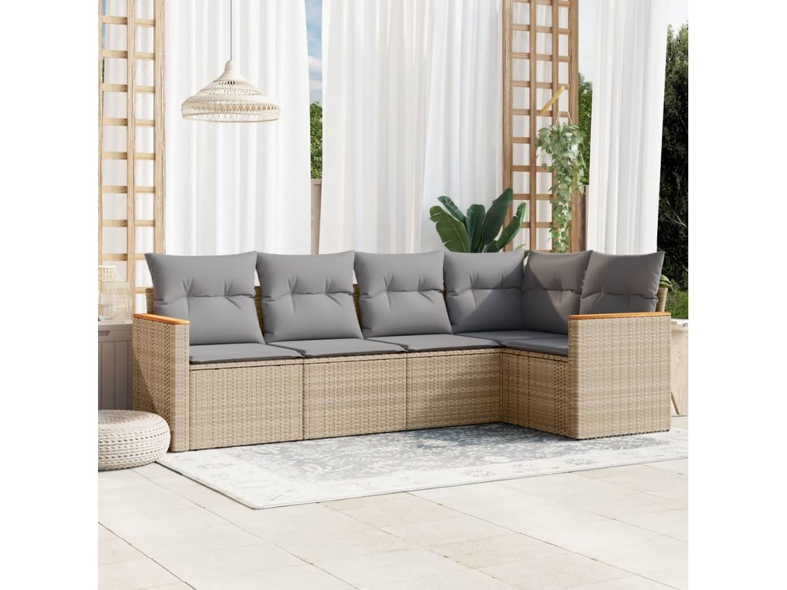 Conjunto de sofá de jardín de 5 piezas con cojines, mimbre sintético beige, Dkd Home Decor