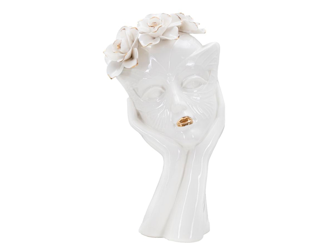 Jarrón Mujer Máscara Cm 16,5x14x27,3 Unico / Blanco Y Dorado