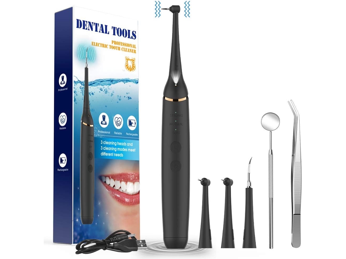 Kit de limpieza dental, eliminador de placa ultrasónico con cabezales reemplazables y modos ajustables, recargable para higiene bucal. Resistente al agua IPX7.