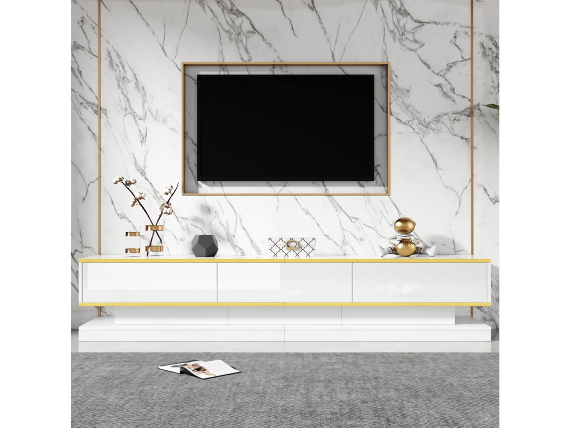 Mueble de TV moderno de 200 x 40 x 40 cm, lacado, con 3 cajones y amplio espacio de almacenamiento, acabado blanco cálido con borde dorado Mobrio
