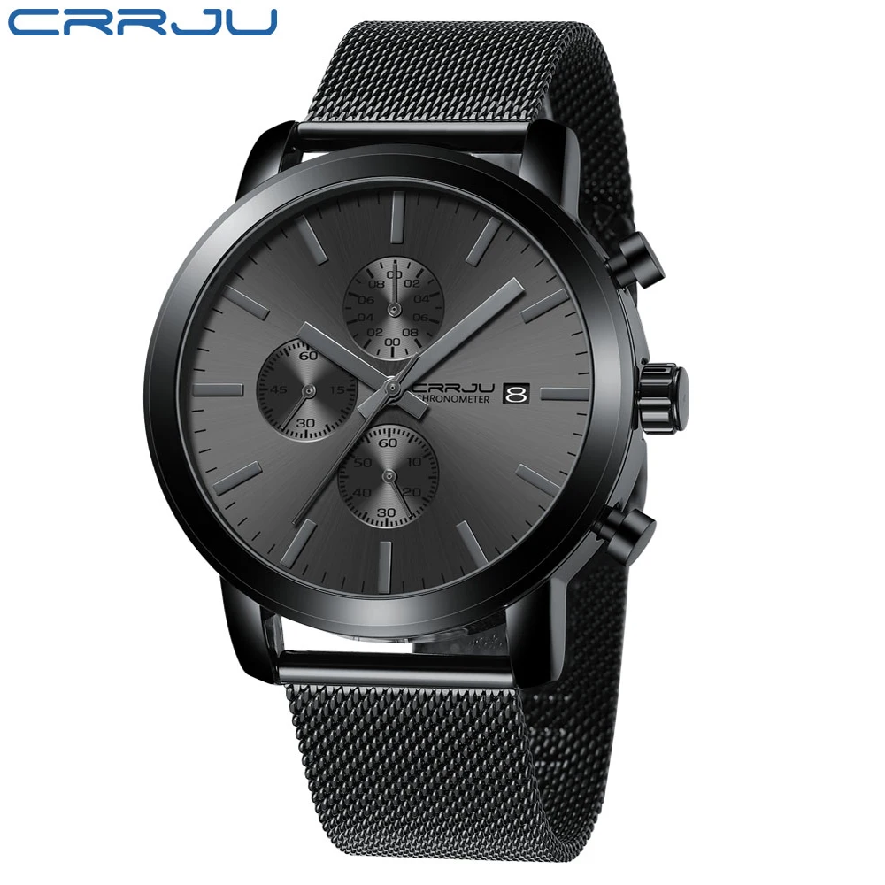 Reloj De Pulsera Multifuncional De Malla De Acero Inoxidable Para Hombre, Resistente Al Agua, Color Negro