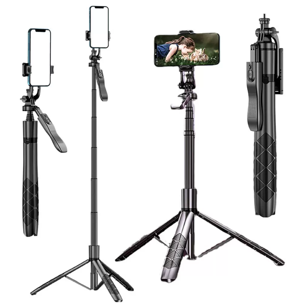 Trípode para selfies con control remoto inalámbrico, rotación de 360°, altura ajustable, soporte portátil para teléfonos inteligentes y cámaras.