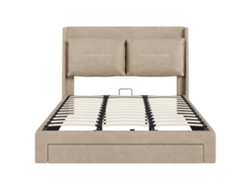 Sofá cama empotrado con cajones, pie tapizado, tira LED, terciopelo beige Mobrio (180x200)