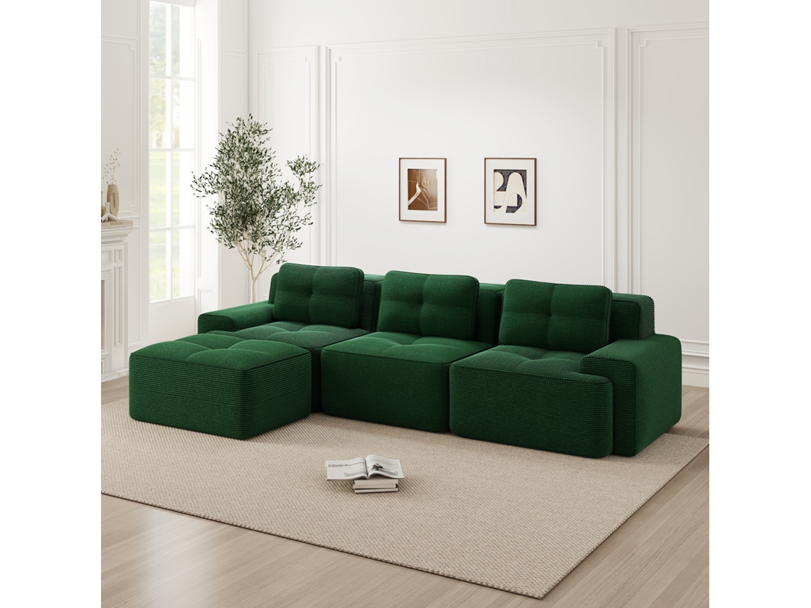 Sofá modular de 3 plazas en L, modelo Cloud, con puf y tapizado de pana, automontable, color verde, MOBRIO
