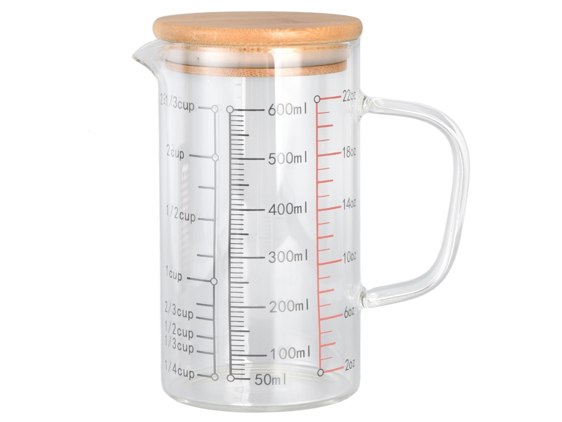 Vaso medidor de vidrio con pico en V, escala transparente, agarre cómodo, 600 ml