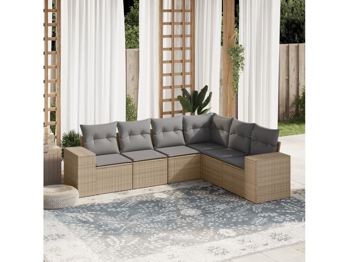 Conjunto de sofá de jardín de 6 piezas con cojines, mimbre sintético beige, Dkd Home Decor