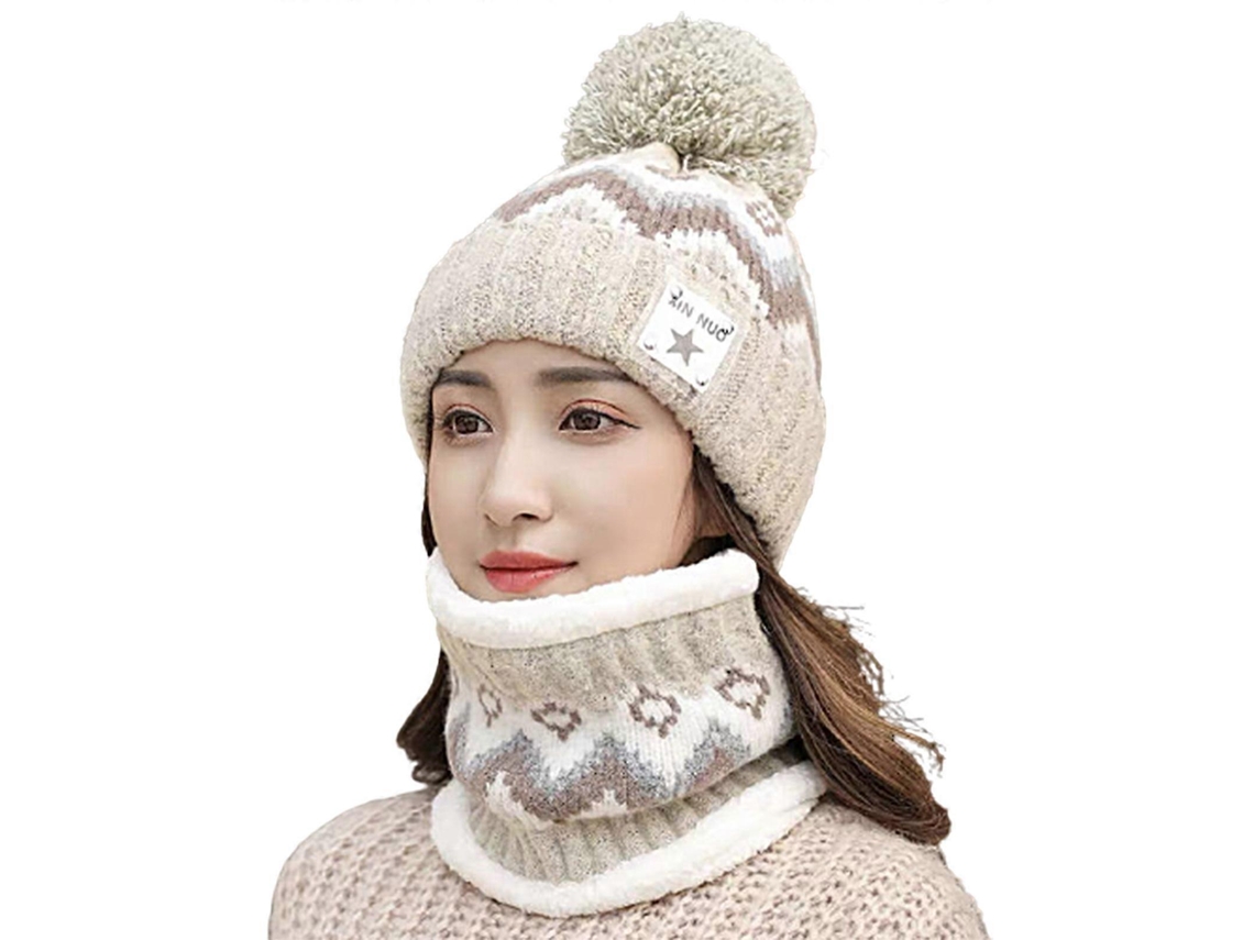 Conjunto de gorro y bufanda de punto para mujer, a juego, moderno, cálido, con pompones, gorro, protección para los oídos y artículos deportivos.