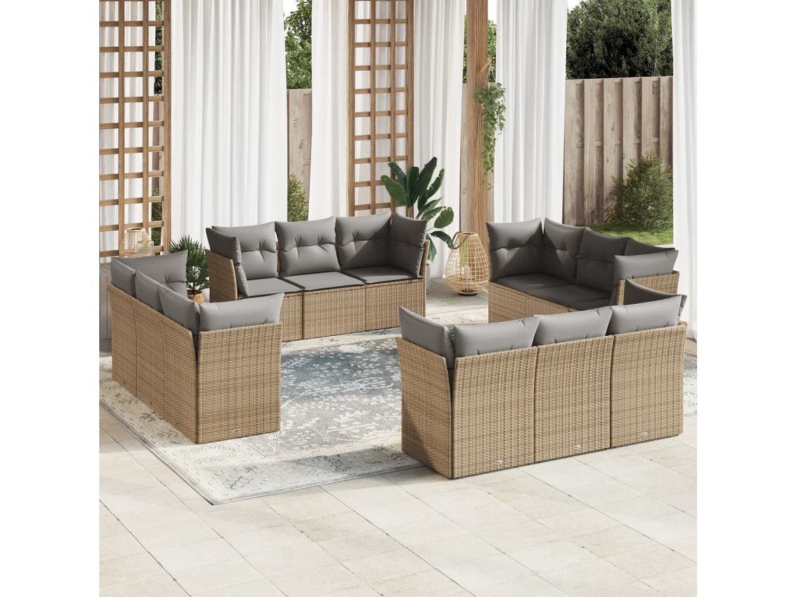 Conjunto de sofá de jardín de 12 piezas con cojines, mimbre sintético beige, Dkd Home Decor