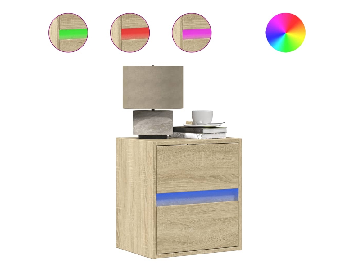 Juego de 2 mesitas de noche de pared con luces LED, roble Sonoma, EXCLUSIVA MAISON
