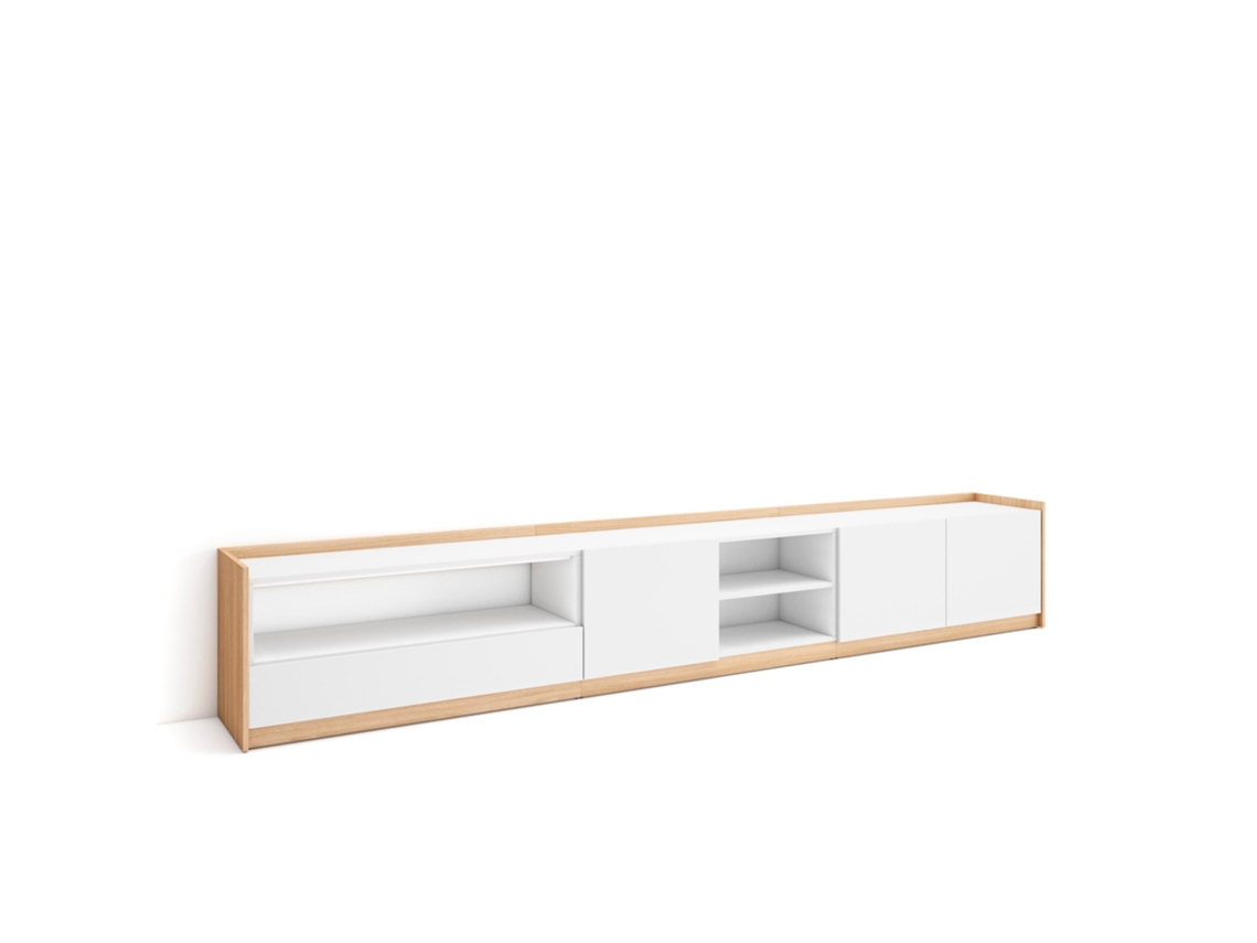 Mueble para TV, 310x37x50cm, para televisores de hasta 80'', color blanco y roble claro.