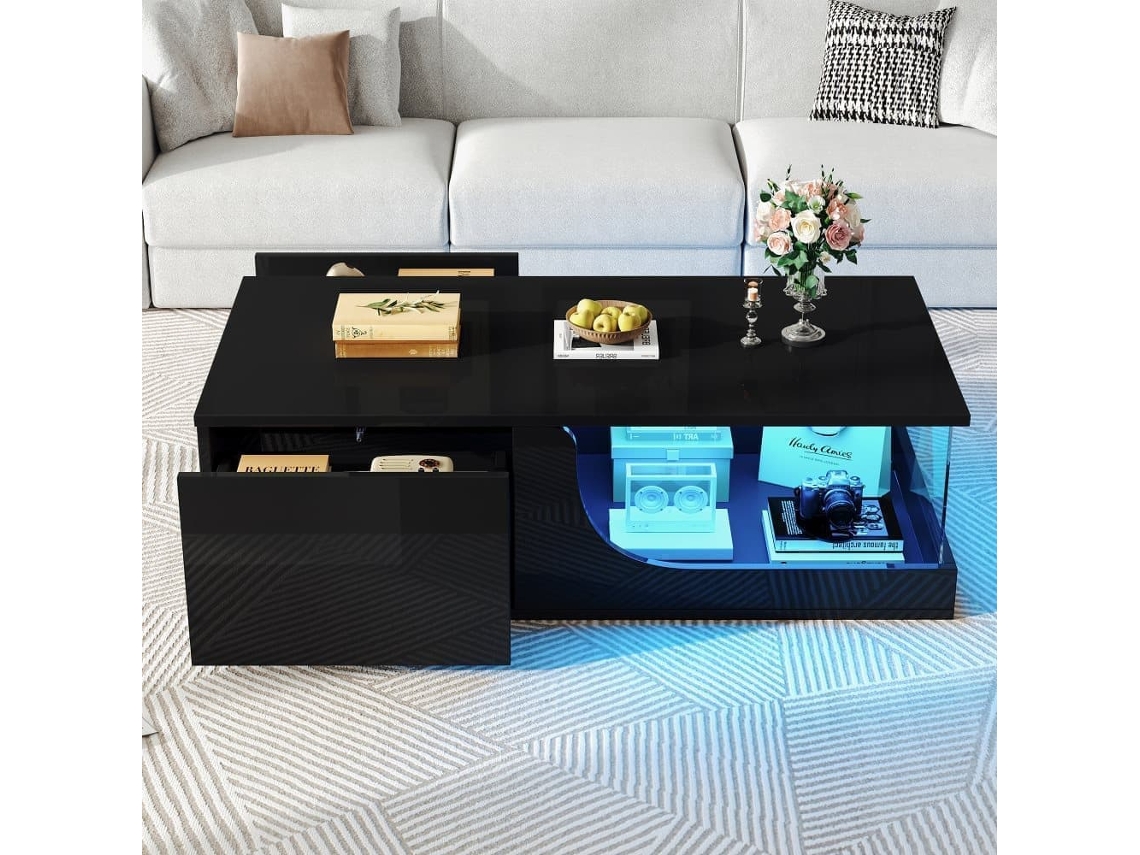 Mesa De Centro 100 X 50 X 30cm - Sofá Con 2 Cajones, Mesa De Salón Con Led Y Cristal Templado - Negro