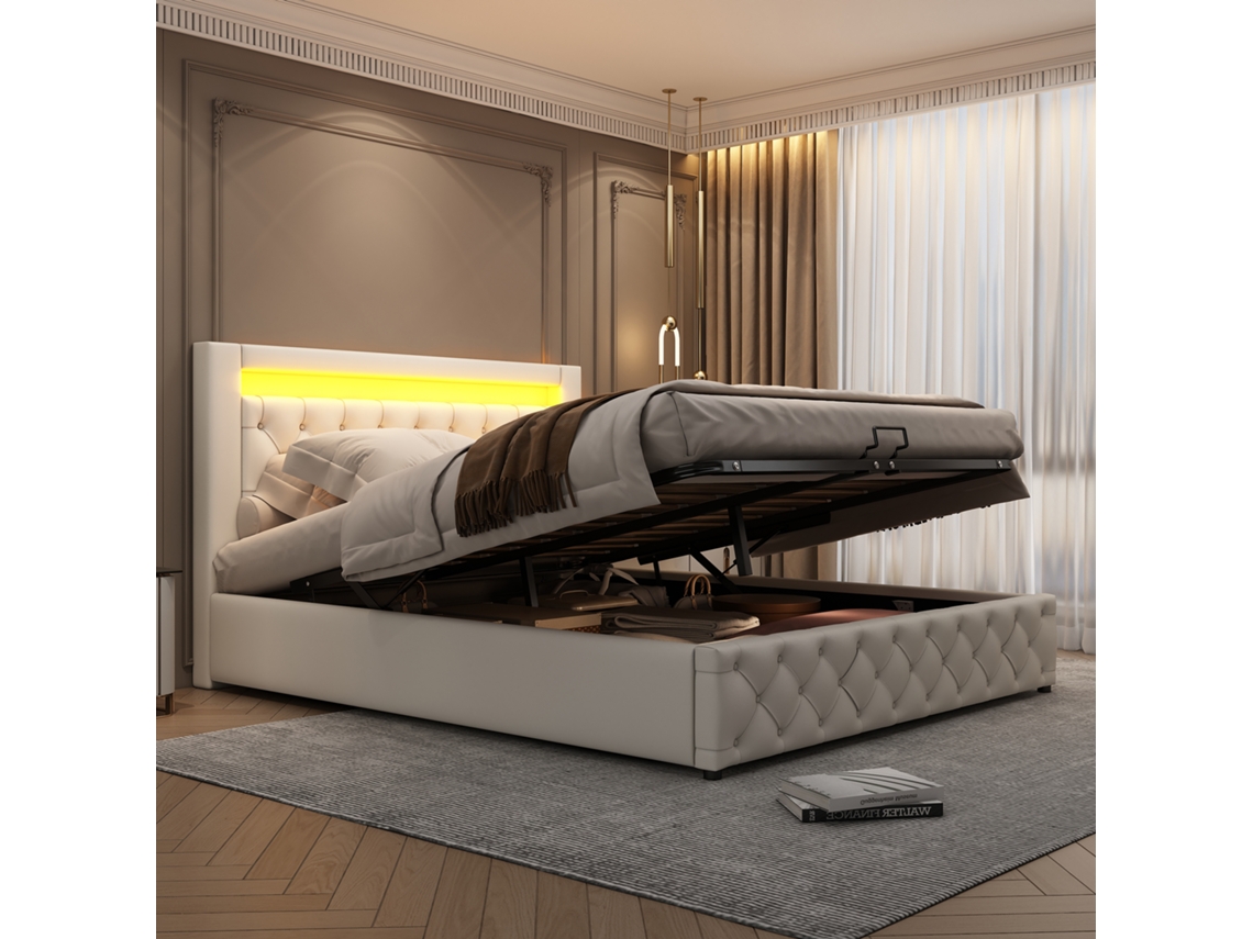 Cama Tapizada En Blanco De 140x200 Cm, Iluminación Led, Espacio De Almacenamiento, Somier De Láminas.