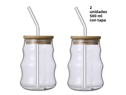 (Estilo A, 2 piezas) Vaso de vidrio de 500 ml con pajita, tipo tarro de conservas, para zumo, café o leche.