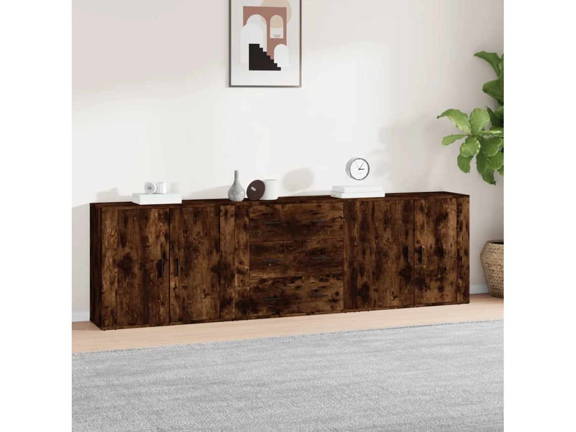 Pack 3 Uds Aparador | Mueble De Comedor | Buffetes Madera Contrachapada Roble Ahumado Wsd666923