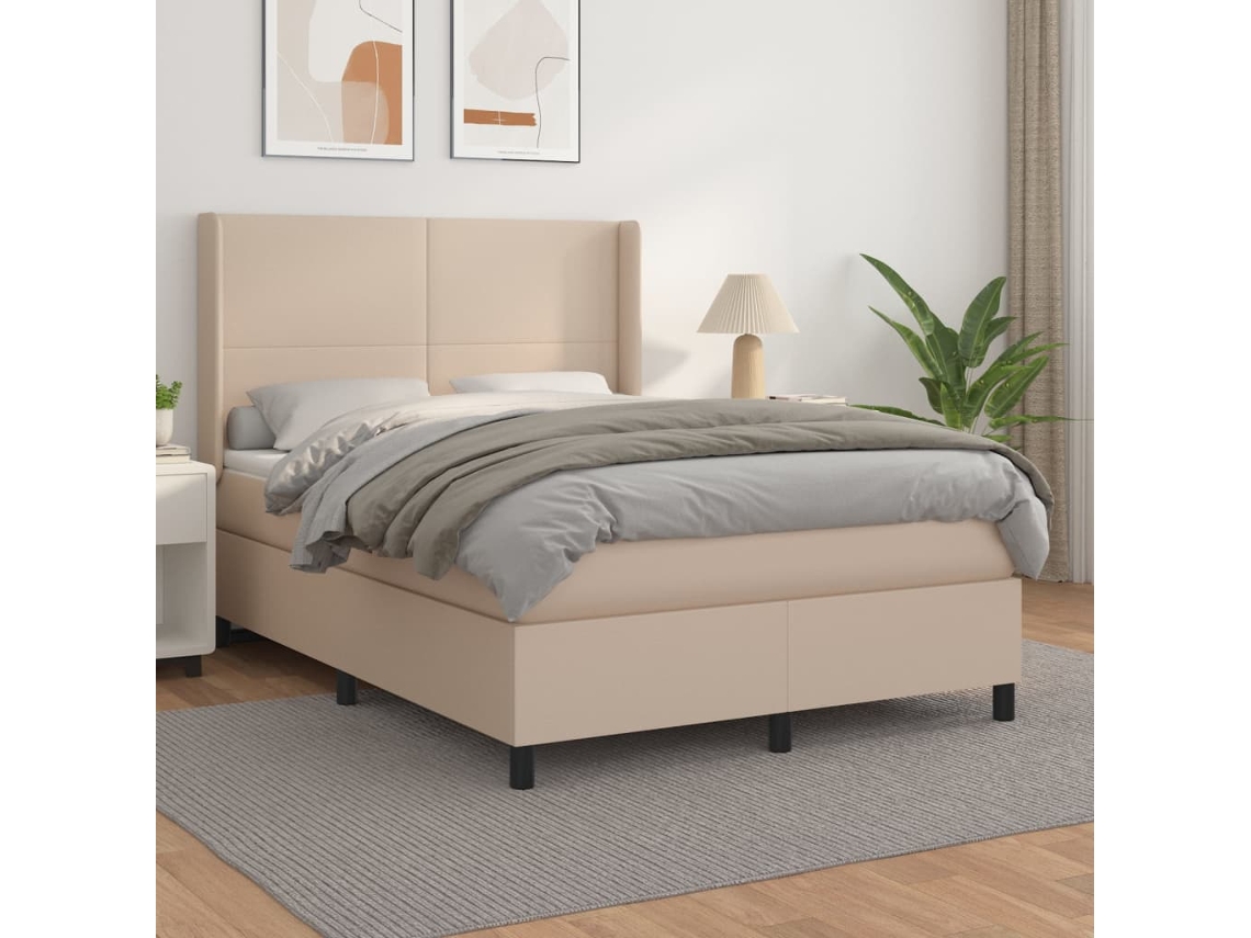 Cama Box Spring Con Colchón Cuero Sintético Capuchino 140x200cm