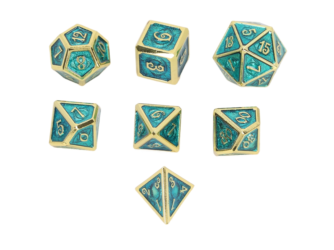 Ats-set De 7 Dados Metálicos Poliedros Con Números Grabados, Dados De Juego De Mesa Electropulidos Oro Verde