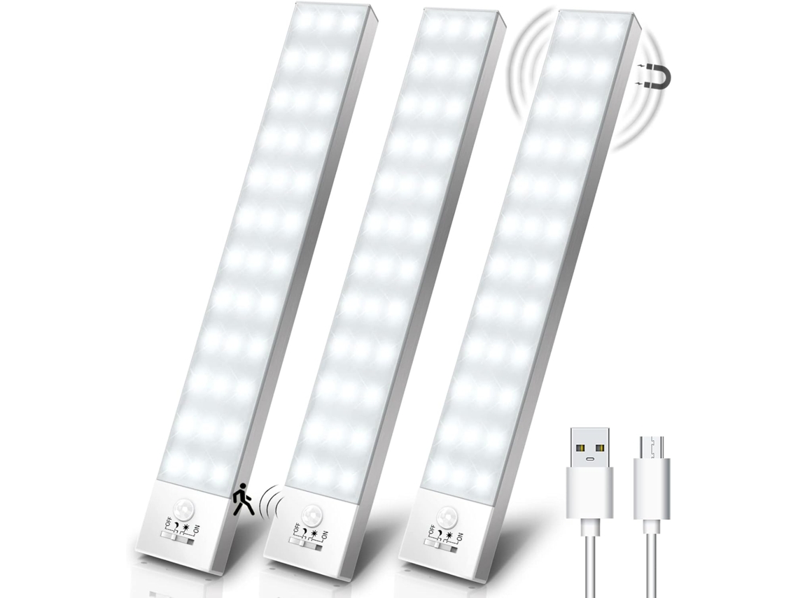 Lámpara Para Armario (juego De 3) — Luz Led Inalámbrica Recargable Por Usb (5000k) Con Sensor De Movimiento E Imán Incorporado — 23 Cm