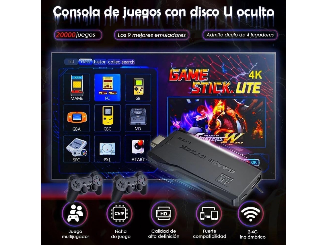 Consola Retro Arcade 4K Con 20.000 Juegos Y 2 Mandos Inalámbricos | Stick TV M8 De 64GB, Plug & Play HDMI Para Revivir Los Clásicos De Los 90