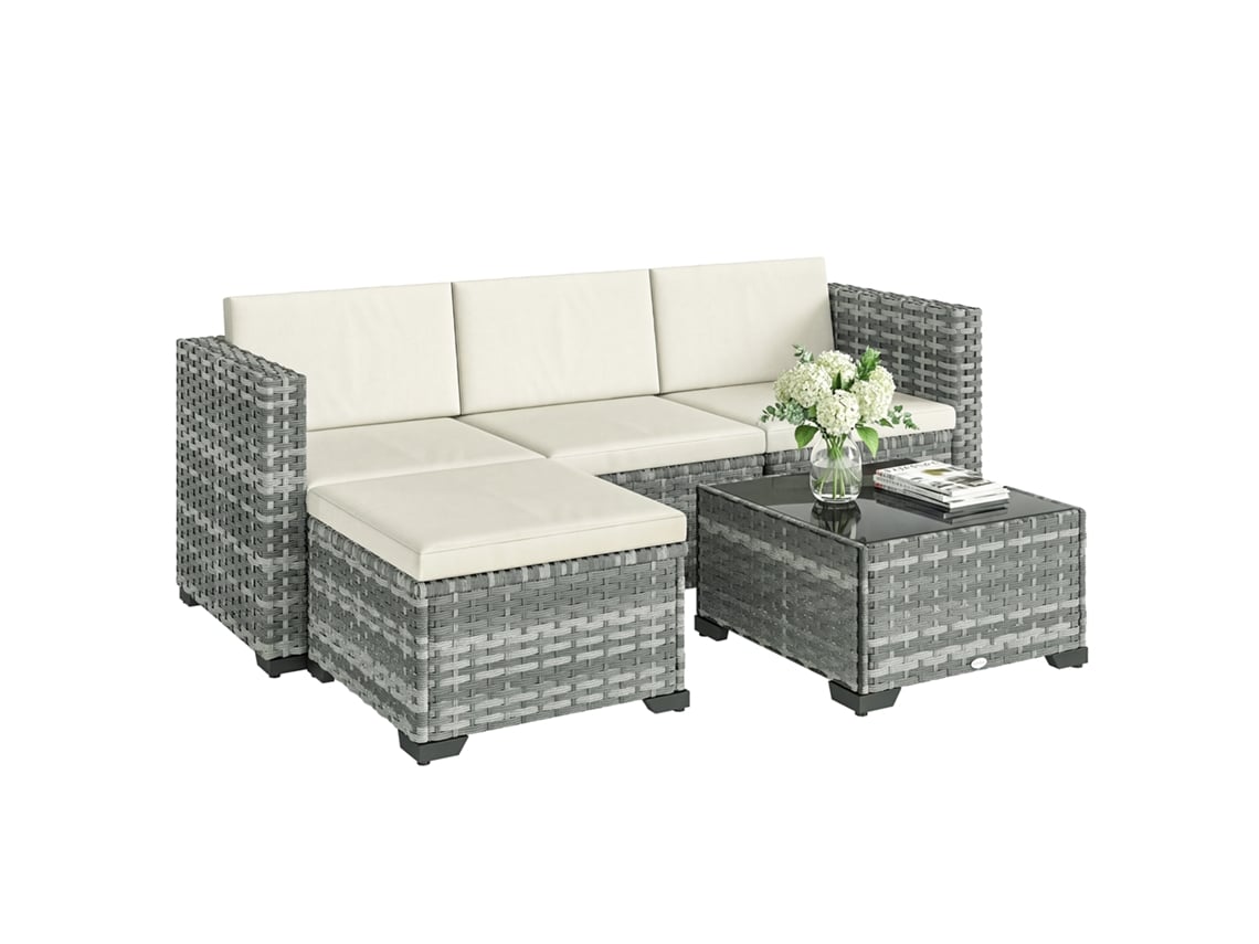 Conjunto de jardín de ratán de 5 piezas con sofá esquinero y mesa - Gris