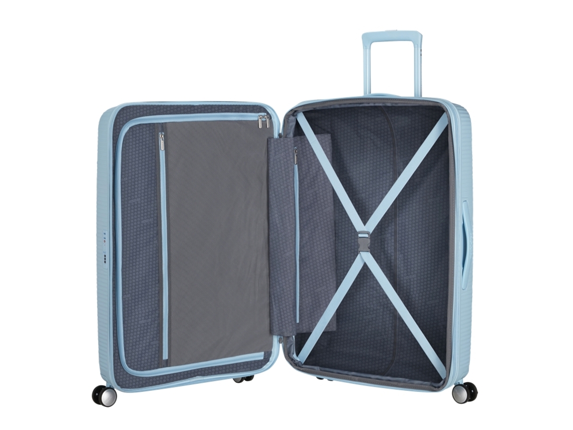 Maleta de viaje grande de 77 cm, 4 ruedas, caja de resonancia, color azul pastel, American Tourister
