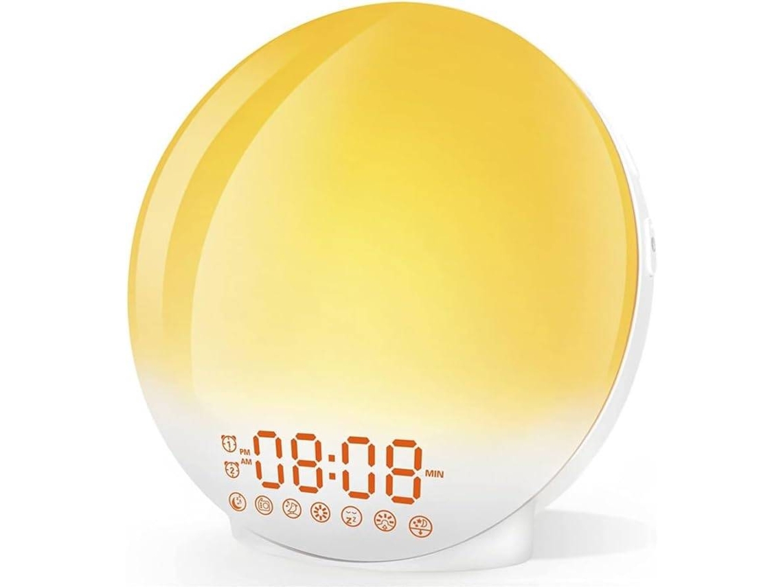 Luz de despertador, luz nocturna de 7 colores con simulación de amanecer y atardecer, alarmas duales con sonidos naturales (blanco)