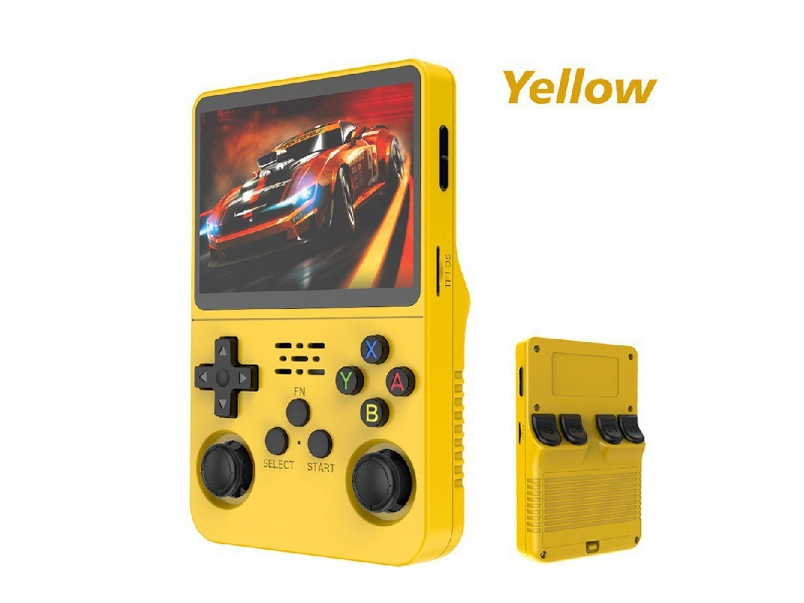 Consola de videojuegos portátil retro R36s, pantalla IPS de 3,5 pulgadas, compatible con 21 simuladores, color amarillo