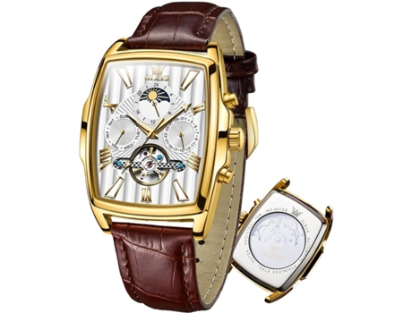 VEANXIN Reloj de cuero Tonneau rectangular vintage hueco luminoso impermeable fase lunar automático para hombre(oro)
