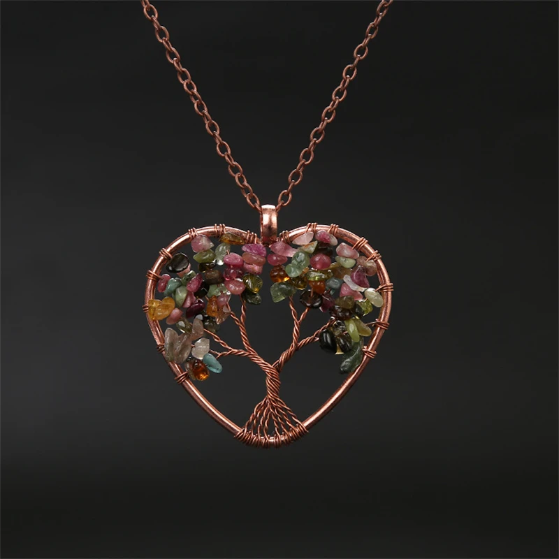 Collar Con Colgante De Corazón De Cristal Curativo De Chakras (turmalina) Y Árbol De La Vida.