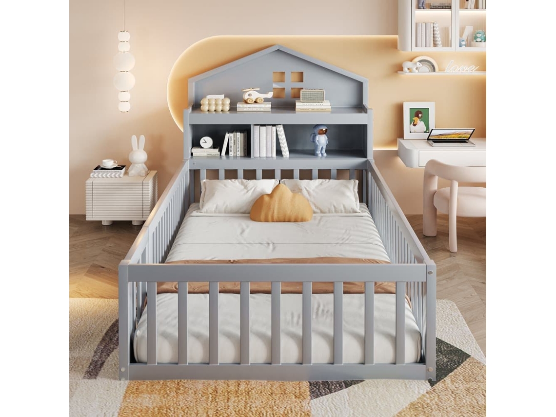 Cama Infantil 90x200 - Estructura De Madera Maciza, Con Estantes, Protección Y Baranda, Gris