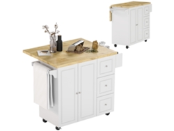 Carrito De Servicio Para Isla De Cocina Con Tapa Plegable, 3 Cajones, 1 Armario Con Toallero Y Especiero, 111,5 X 75 X 89 Cm, Blanco