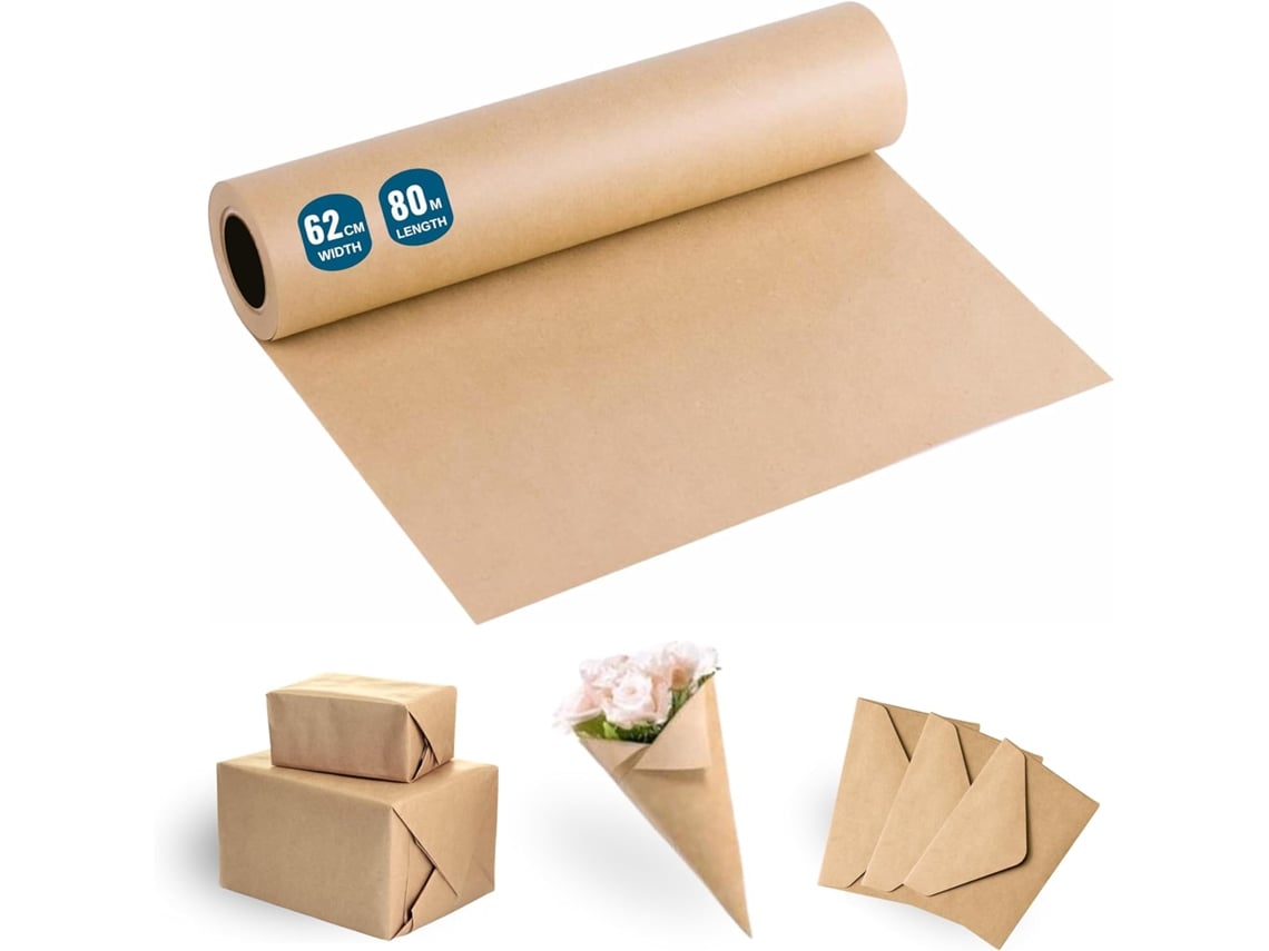 1 Rollo de Papel Kraft para Envolver 62cmx80m - Papel Ideal para Manualidades o Envoltorio de Regalos de Navidad y Cumpleaños ESPÍRITO REBELDE, LDA