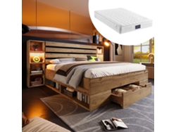 Cama Doble 160x200cm Maciza, Led, Usb-c, Cabecero Con Almacenamiento Y Cajones, Base Incluida, Robusta 272kg, Con Colchón, Roble