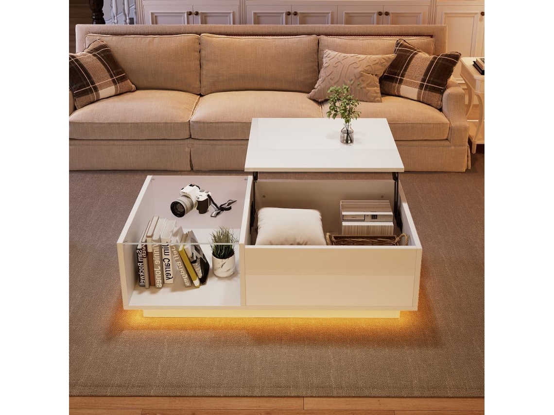 Mesa De Café Elevable 50x100x(33-46.5) Cm - Mesa De Salón Con Almacenamiento Oculto Y Estante - Blanco
