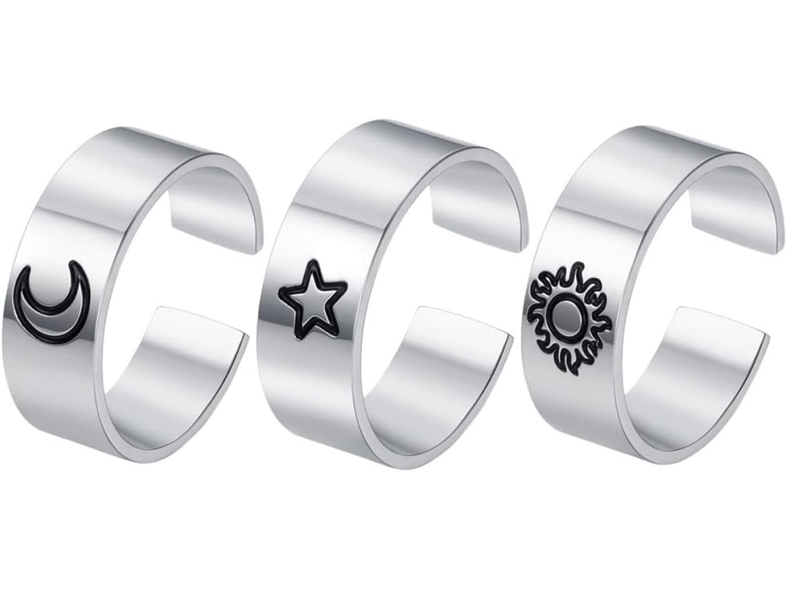 Conjunto De 3 Anéis Femininos Retrô Em Aço Titânio, Ajustáveis E Abertos, Na Cor Prata.