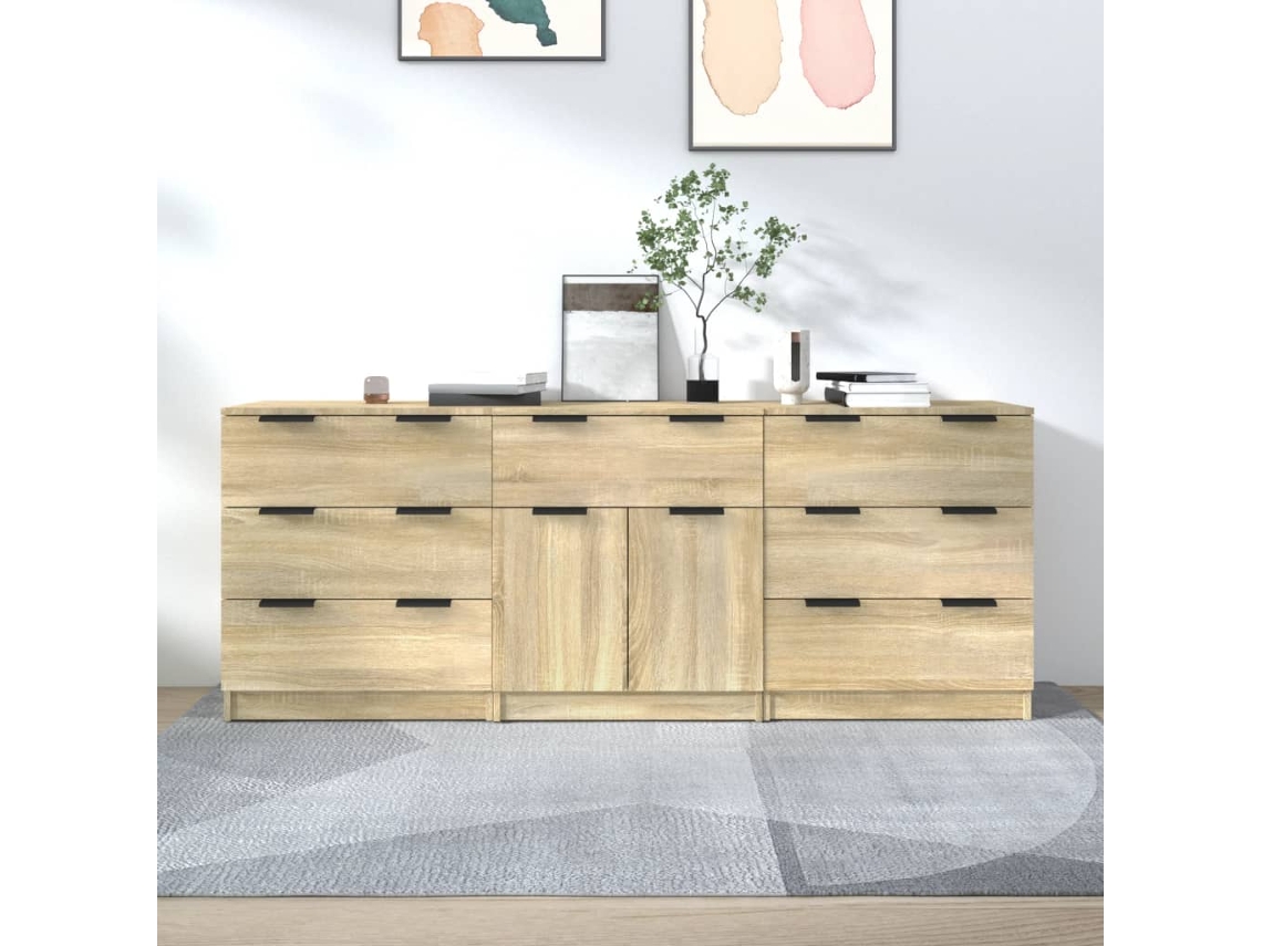 Pack 3 Uds Aparador | Mueble De Comedor | Buffet De Madera Contrachapada Color Roble Sonoma Wsd724279
