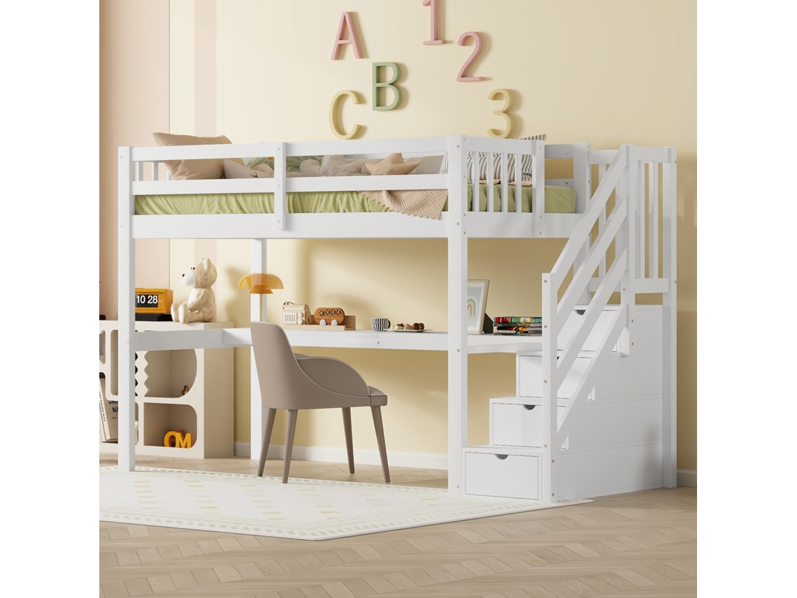 Cama Alta Infantil Blanca (90x200 Cm) Con Cajones Y Escritorio.