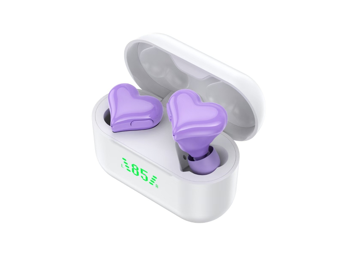 Auriculares Bluetooth Mini Inalámbricos Con Forma De Corazón Y Display De Batería, Intrauditivos, Deporte, Cancelación De Ruido - Morado