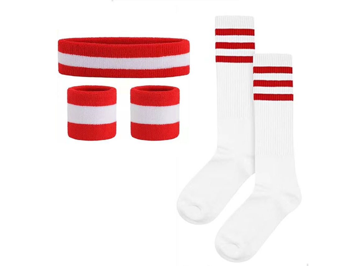 Conjunto completo de Yuysan que incluye diadema, muñequeras y calcetines deportivos elásticos, absorbentes del sudor para gimnasio y running, en rojo y blanco.