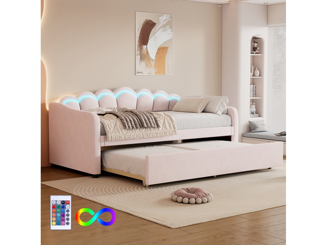 Daybettt, sofá cama de 90 x 200 cm con cama retráctil, sofá cama, cama individual (sin colchón), terciopelo, luz ambiental que cambia de color, mando a distancia